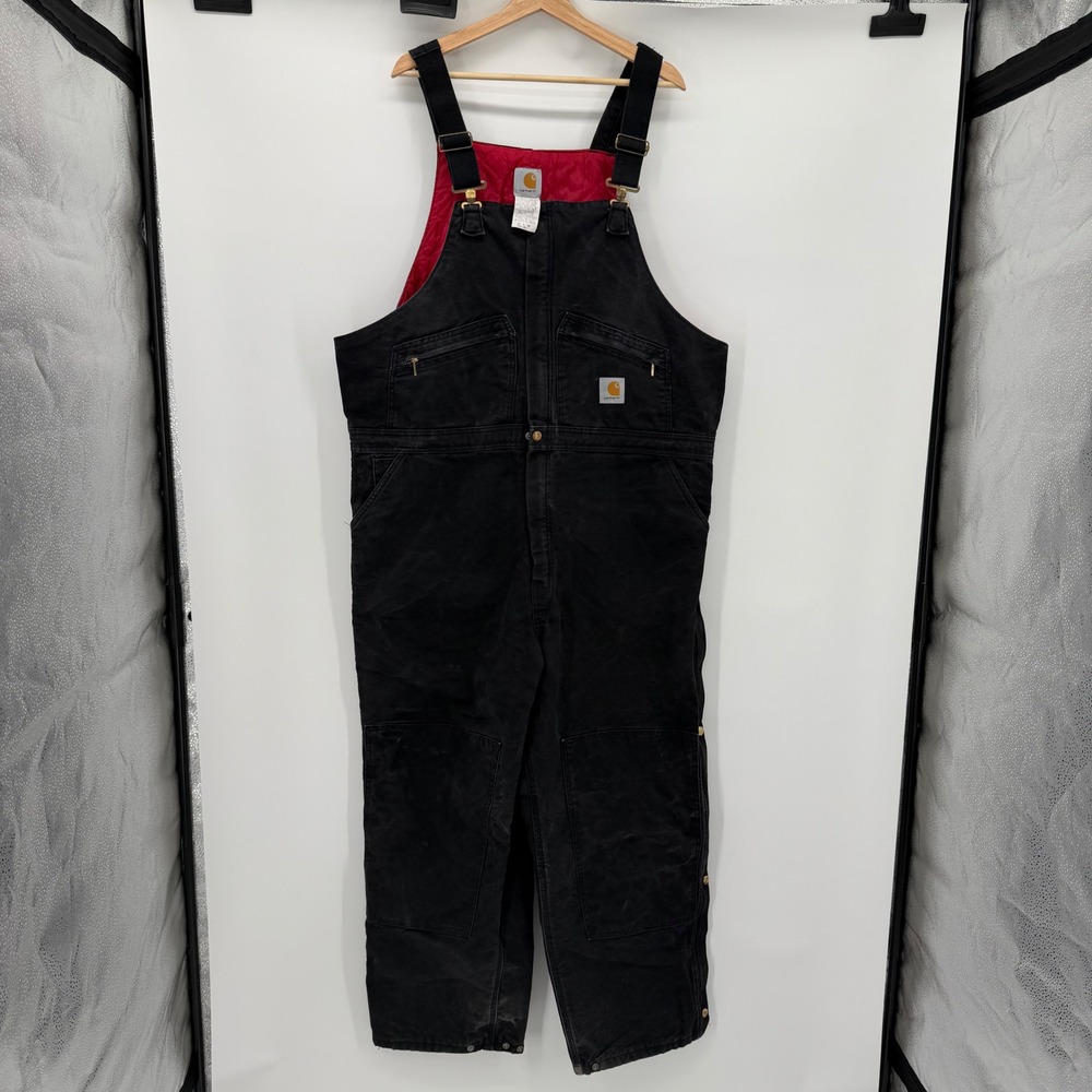 Carhartt R04 BLK Quilt Lined Duck Bib Overalls Black 48x30 Double Front Workwear